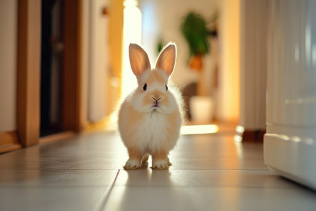 Cute Rabbit Posing in Home Hallwayの素材