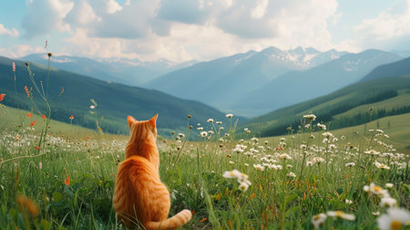 Red Cat Enjoying Alpine Meadow Viewsの素材