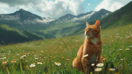 Mountain Spring Landscape with Grass and Catの素材