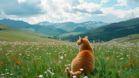 Serene Alpine Meadow with a Catの素材