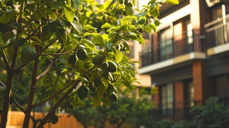 Green Avocado Tree Amid Modern Architectureの素材