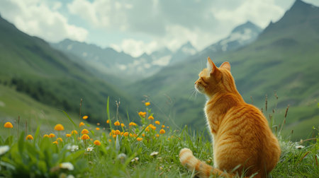 Cat Observing Spring Mountains and Wildflowersの素材