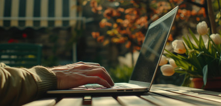 Hands Typing on Laptop in Gardenの素材
