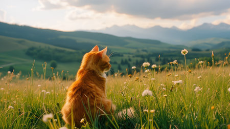 Mountainous Spring Landscape with Catの素材