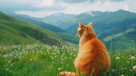 Springtime Beauty in Mountain Meadows with Catの素材