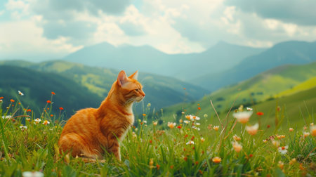 Red Cat Relaxing in Scenic Alpine Meadowsの素材