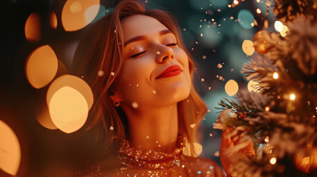 Fashionable Woman Embracing Holiday Cheerの素材