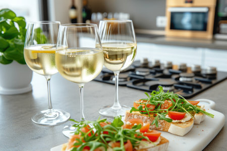 Modern Kitchen with Glasses of White Wine and Appetizersの素材