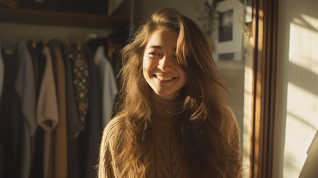 Happy Slavic Woman Showcasing New Light Clothing in Bright Spaceの素材