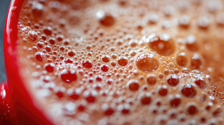 Textured Cappuccino Foam with Tiny Bubbles in a Vibrant Red Cupの素材