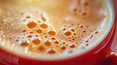 Detailed Macro of Coffee Foam with Small Bubbles in a Vibrant Mugの素材