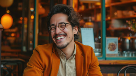 Young Man Dressed Elegantly in Oriental Cafe, Enjoying a Momentの素材