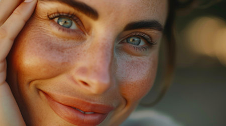 Close-Up of Smiling Woman Running Finger Over Her Skinの素材