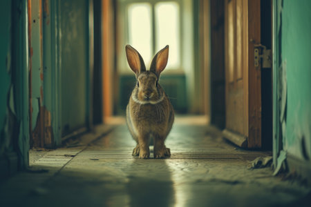 Curious Pet Rabbit in a Cozy Hallway Settingの素材