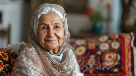 Elegant Elderly Arab Woman in Cozy Home Settingの素材