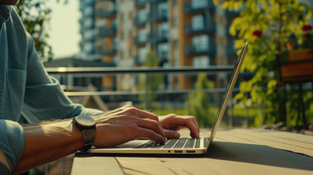 Man Using Laptop with Garden Viewの素材