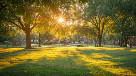 Sunset Glow Illuminates Urban Park Pathの素材
