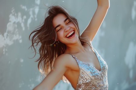 Elegant young woman in sequined dress dancing joyfullyの素材