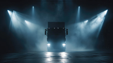 Dramatic Spotlight Reveals Truck in Dark Environmentの素材