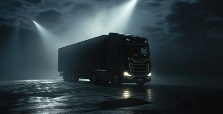 Mysterious Scene with Truck Under Bright Spotlightsの素材