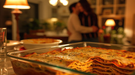Evening Cooking Scene with Couple and Lasagnaの素材