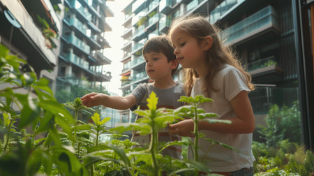 Youngsters Observing Plants in Modern Courtyardの素材