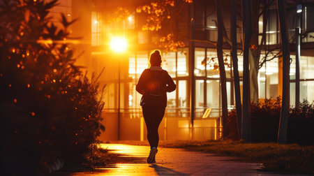 Woman with Headphones Running at Nightの素材