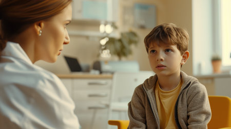 Slavic Doctor Engaging with Young Patient in Clinicの素材