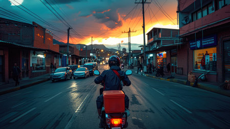 Evening Delivery Rush: Scooter Approaches Small Urban Restaurantの素材