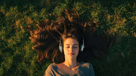 Woman Relaxing on Grass with Scattered Hair at Sunsetの素材