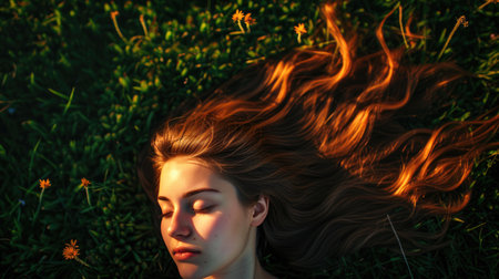 Peaceful Sunset Scene: Woman on Grassの素材