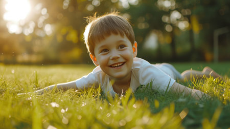 Smiling Kid on Fresh Green Grassの素材