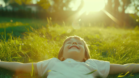 Happy Kid Rolling on Sunlit Lawnの素材