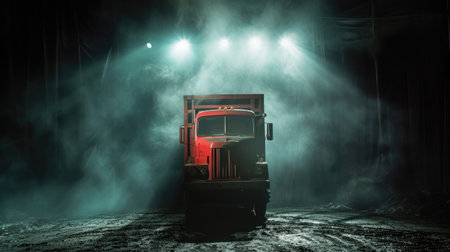 Dramatic Lighting Showcases Truck in Shadowy Settingの素材