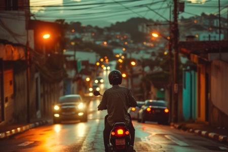 Young man riding moped through Brazilian city streetsの素材