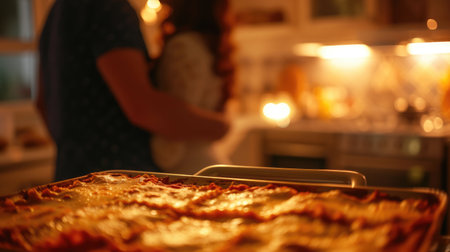 Glass Baking Tray of Lasagna in Romantic Kitchen Sceneの素材