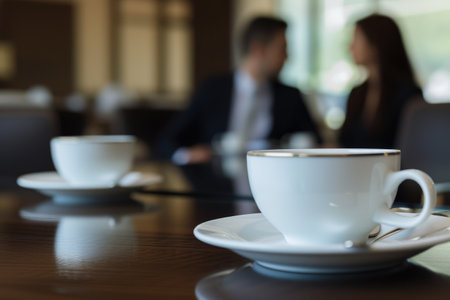 Two Executives Engaged in Strategy Session with Coffeeの素材