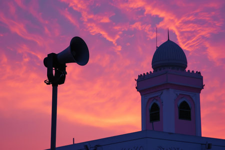 Mosque Dome and Hailer Speaker Under the Dawn Skyの素材