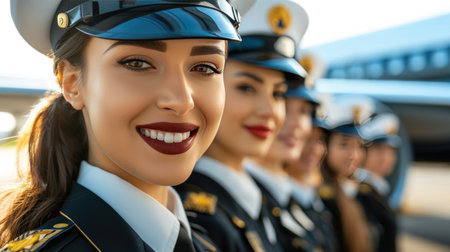 Elegant Flight Attendants Posing by Jet Aircraftの素材