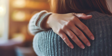 Supportive Gesture: Man's Hand Comforting Woman's Shoulderの素材