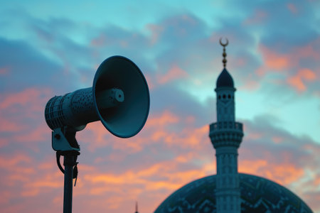 Hailer Speaker Mounted Near Mosque Dome at Dawnの素材