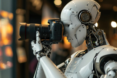 High-Tech Robot Using DSLR Camera for Photographyの素材