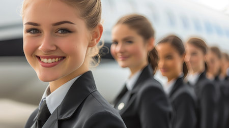 Air Hostesses Line Up in Front of Luxury Aircraftの素材