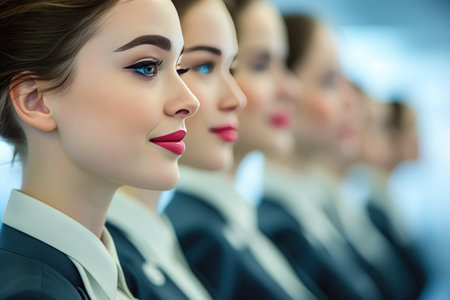 Modern Stewardess Team Posing in Uniformの素材