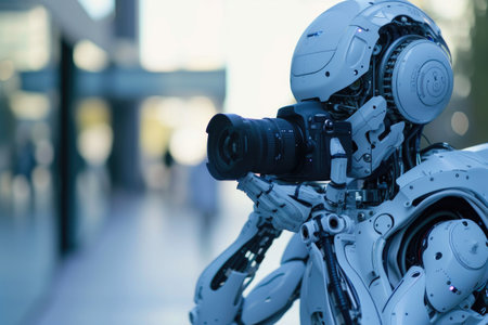 Futuristic Robot Operating a Digital Cameraの素材