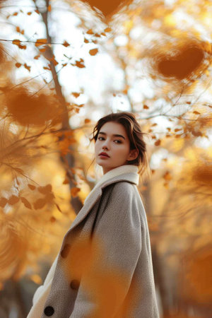 Graceful Woman in Autumn Coat with Blurred Golden Treesの素材