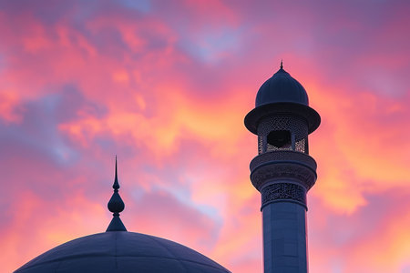 Serene Dawn Over Mosque Dome and Hailer Speakerの素材