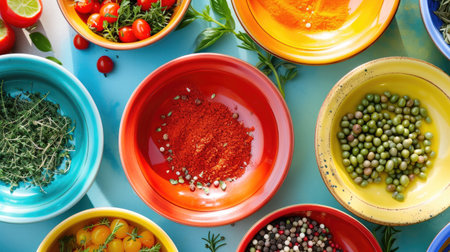 Vibrant Array of Spices in Decorative Bowlsの素材