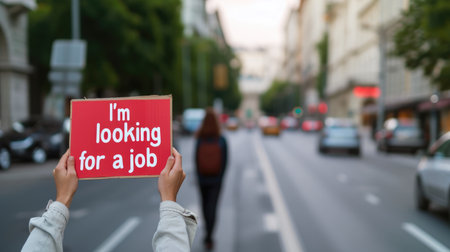 Hands Holding Job Search Sign Outdoorsの素材