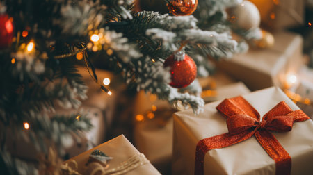 Close-Up of Wrapped Holiday Gifts Under the Christmas Treeの素材
